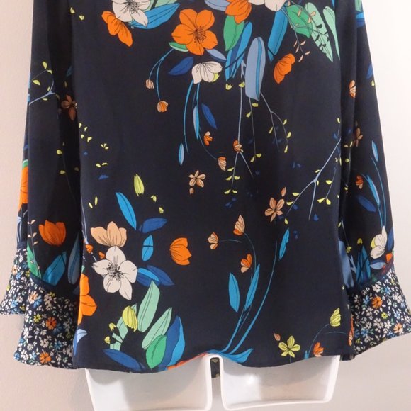 Nanette Lepore  Nanette  Blue Orange Floral Long Bell Sleeve Lace Top Sz S - Picture 4 of 15